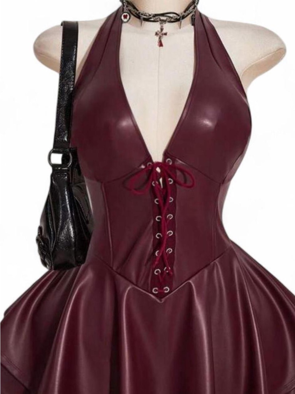 Faux Leather Lace-Up Halter Dress in Burgundy